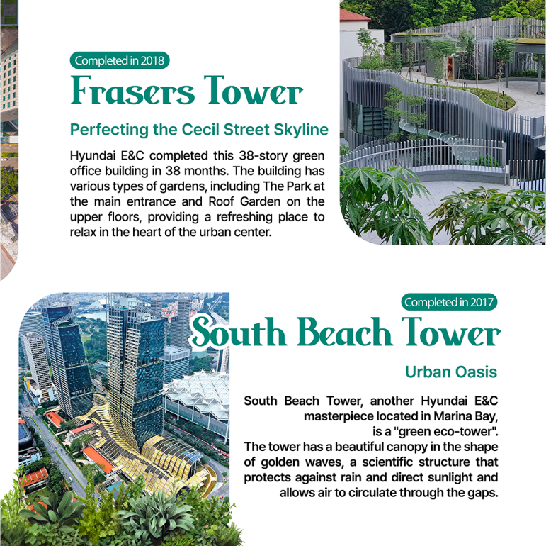 Frasers Tower / Completed in 2018 Perfecting the Cecil Street Skyline Hyundai E&C completed this 38-story green office building in 38 months. The building has various types of gardens, including The Park at the main entrance and Roof Garden on the upper floors, providing a refreshing place to relax in the heart of the urban center. South Beach Tower / Completed in 2017 Urban Oasis South Beach Tower, another Hyundai E&C masterpiece located in Marina Bay, is a green eco-tower. The tower has a beautiful canopy in the shape of golden waves, a scientific structure that protects against rain and direct sunlight and allows air to circulate through the gaps.